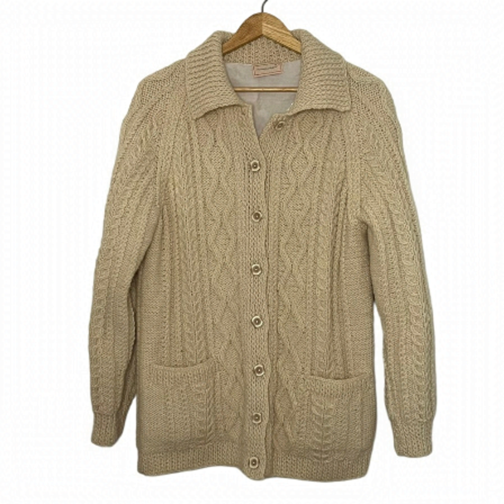 Neutral cable knit handknit lined wool cardigan size M